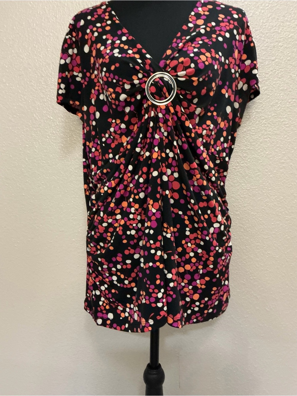 Apt. 9 Black V-Neck Twist Ring Dot Print Blouse - Picture 3 of 7